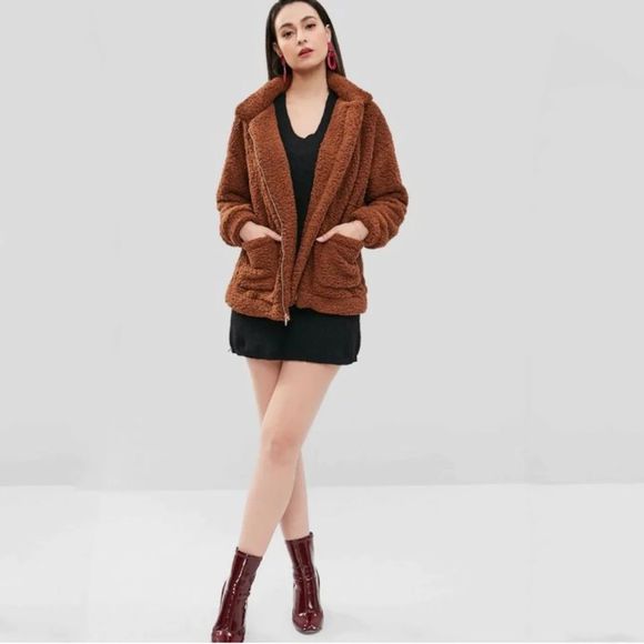 Zaful Women Solid Rust Zip Up Drop Shoulder  Oversized Teddy Cozy Sweate… - Picture 4 of 16